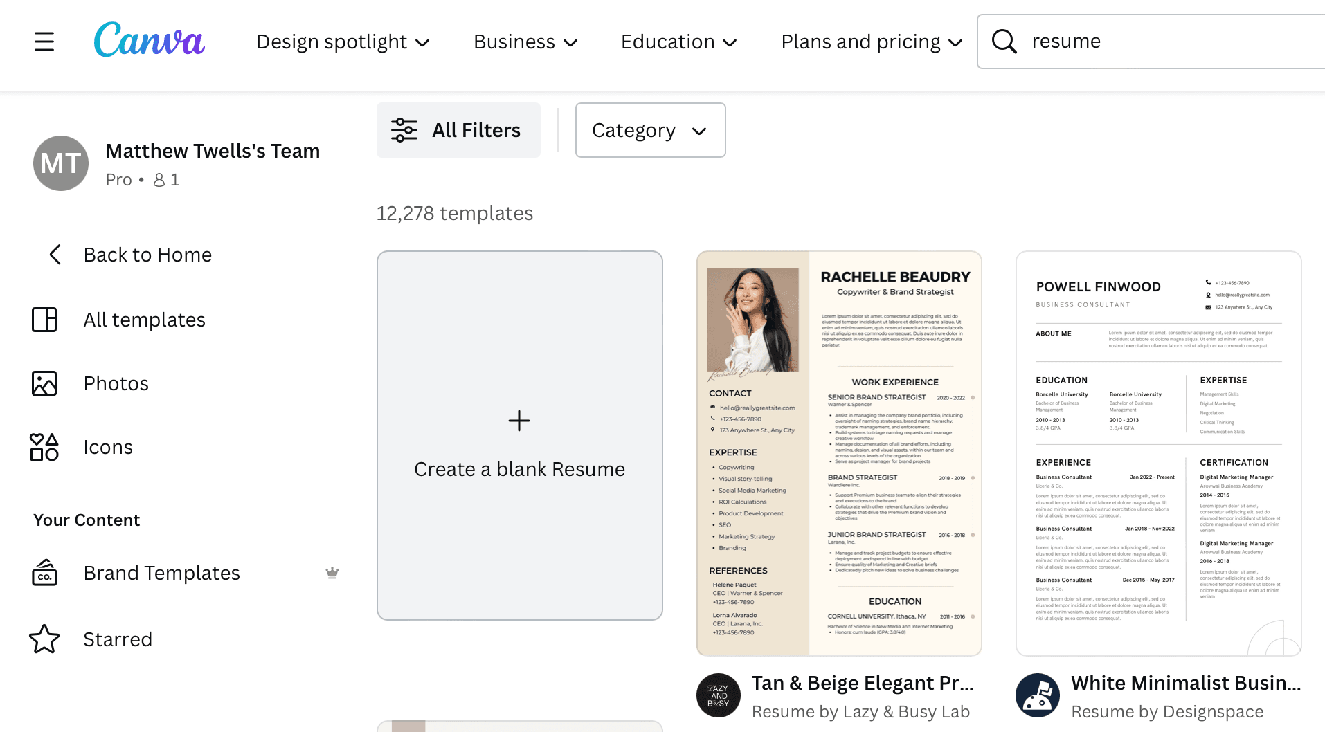 Searching the word resume on Canva